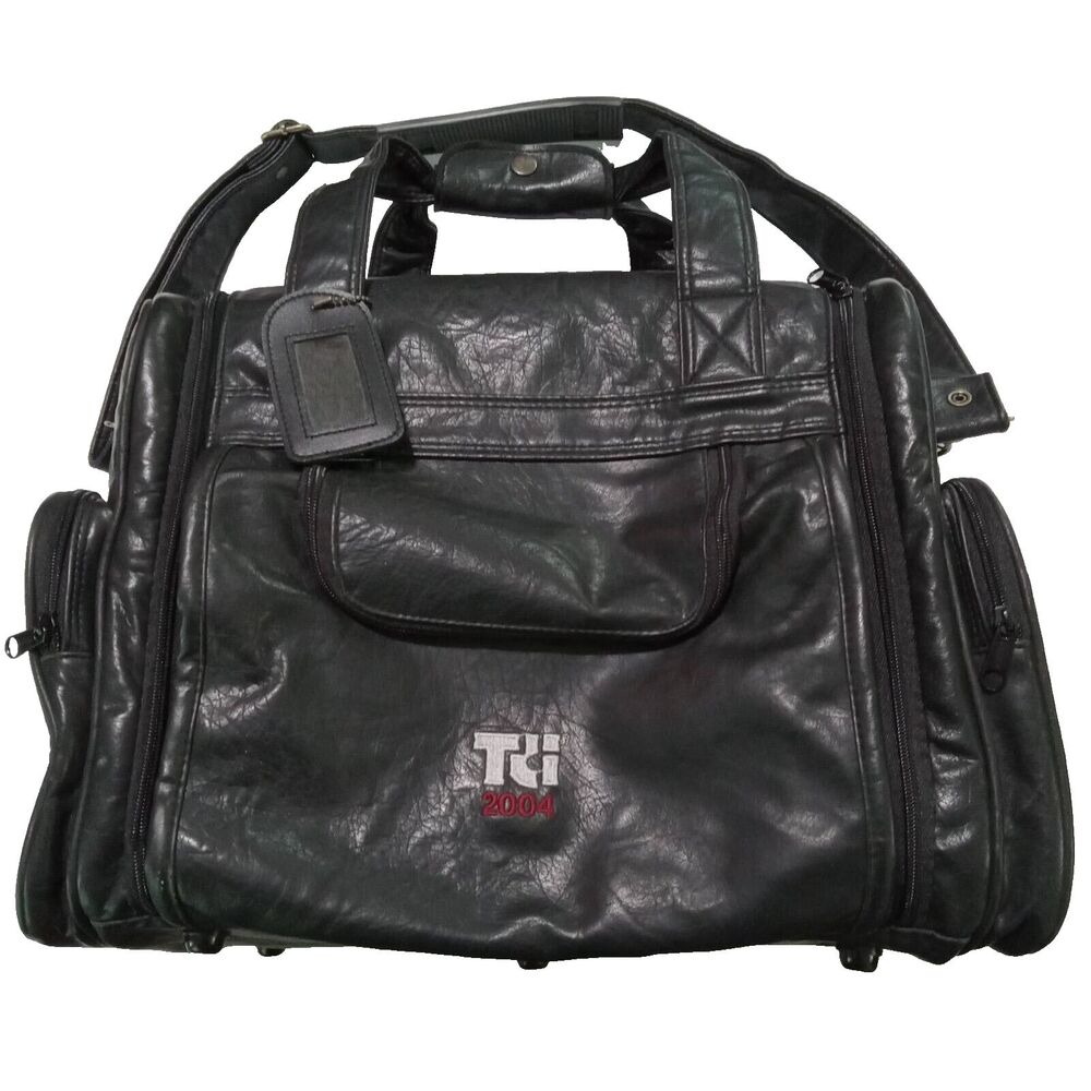 Toppers Leather Duffel Bag Black Carry-On Outer Pockets Embroidered TCI 2004